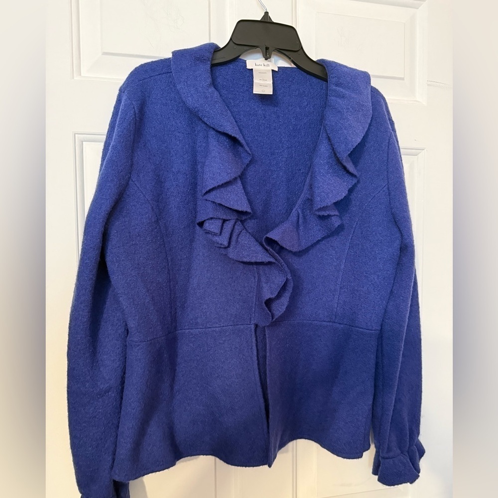 Kate Hill 100% Wool Blue Purple Ruffle Cardigan Sweater Large Blazer Feminine